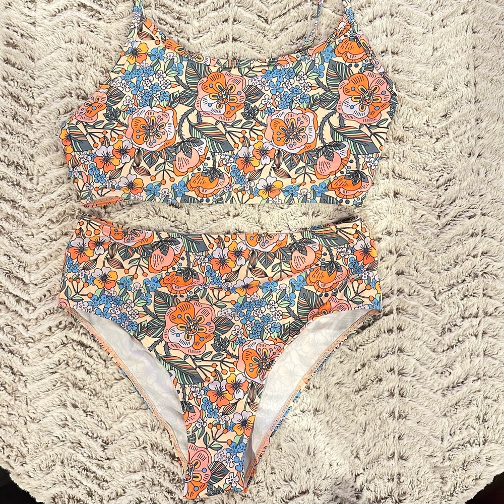 NWOT Tropical Floral Orange Blue Floral Two Piece Womens Swimsuit Sz Large - Picture 2 of 5